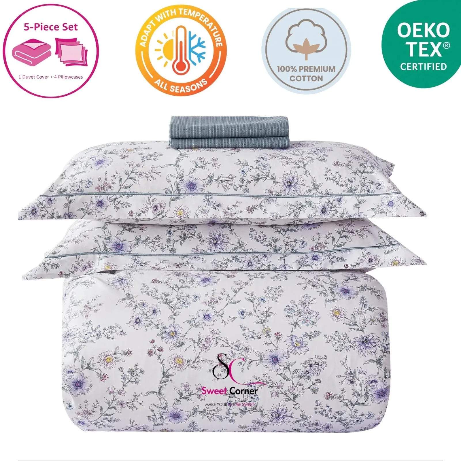 Emma duvet cover set with floral pattern - OEKO-TEX certified 100% cotton bedding
